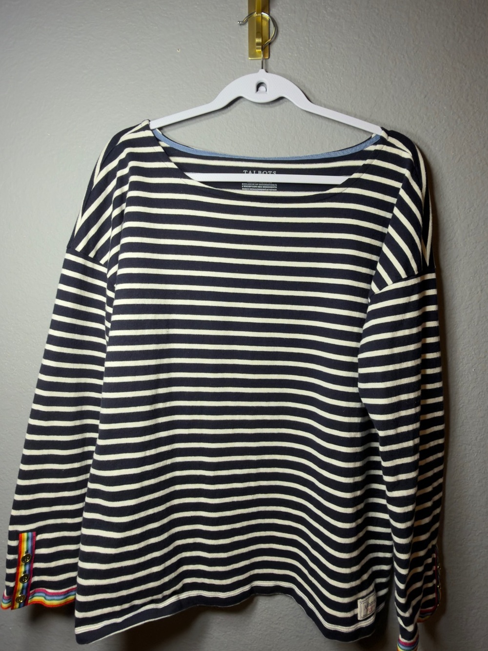 Talbots Navy and Cream Striped Long-Sleeve Top with Rainbow Cuff Detail